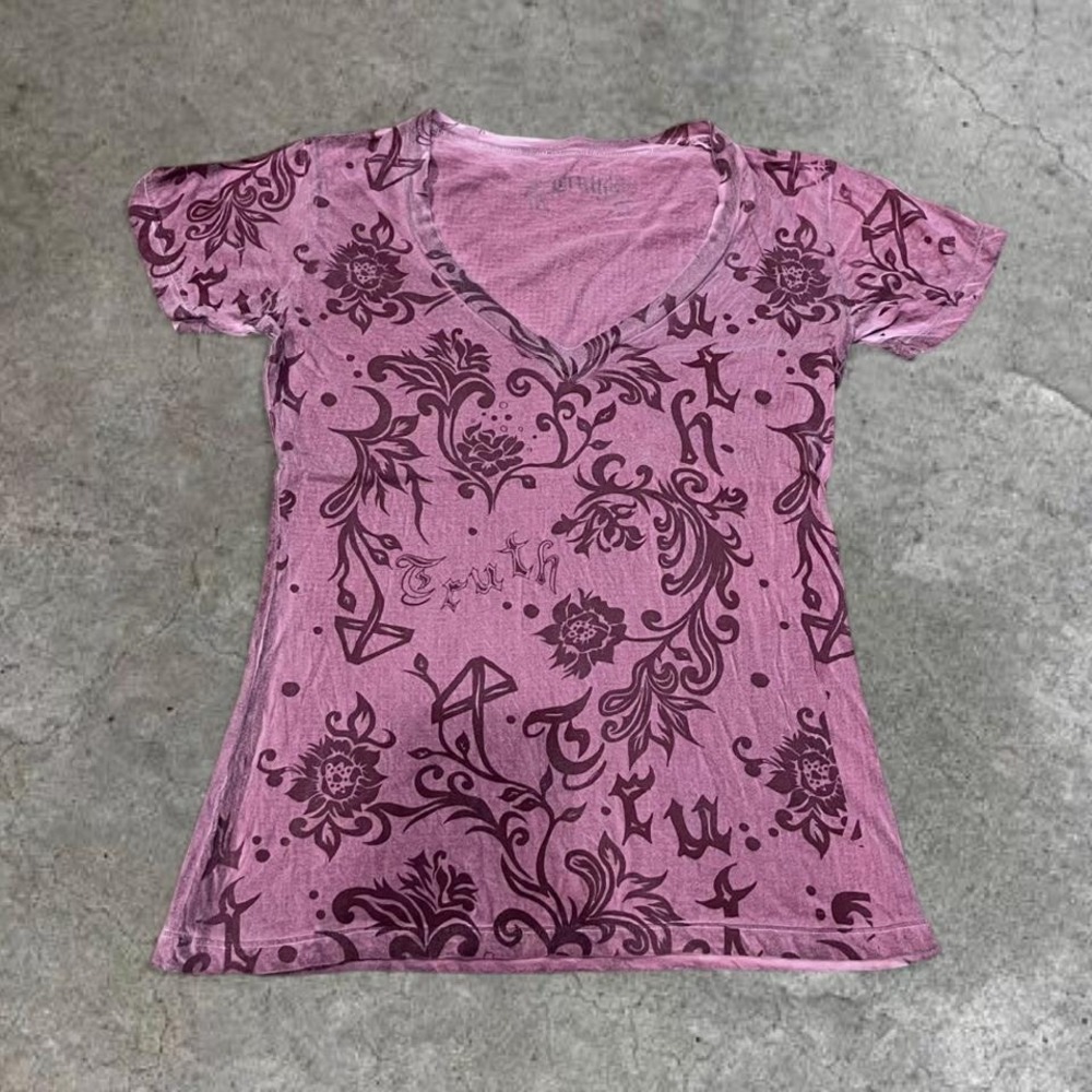 y2k purple pink v neck cyber graphic top small